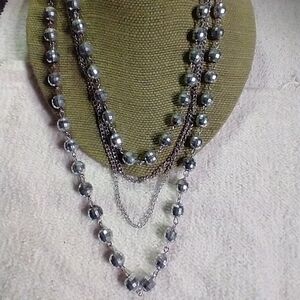 Long grey mirror ball bead chain necklace silvertone